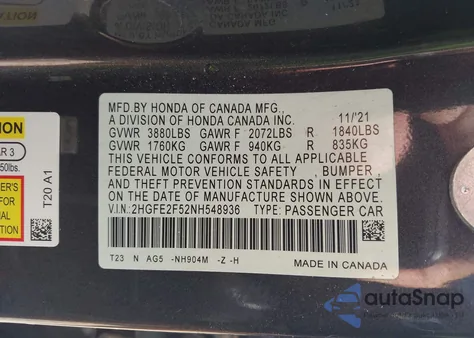2022 Honda Civic Sport from USA, damaged, VIN 2HGFE2F52NH548936